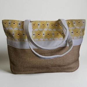 Sunflower Burlap Tote Bag - Yellow White and Tan